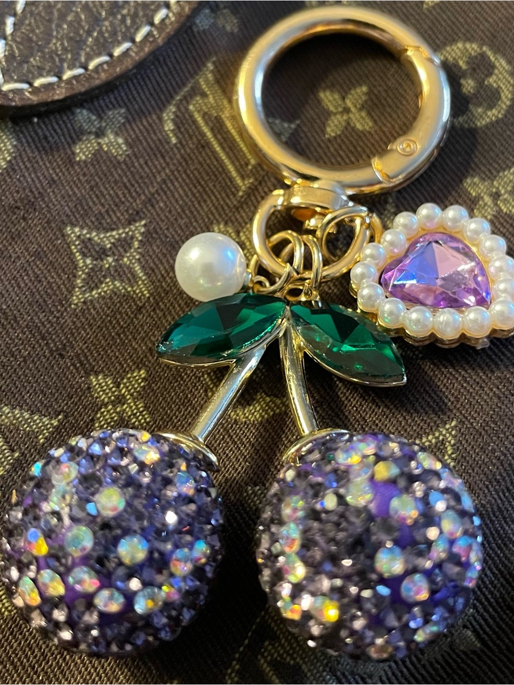 Sparkling Purple Cherry Keychain with Green Leaves… is also use as a bag charm